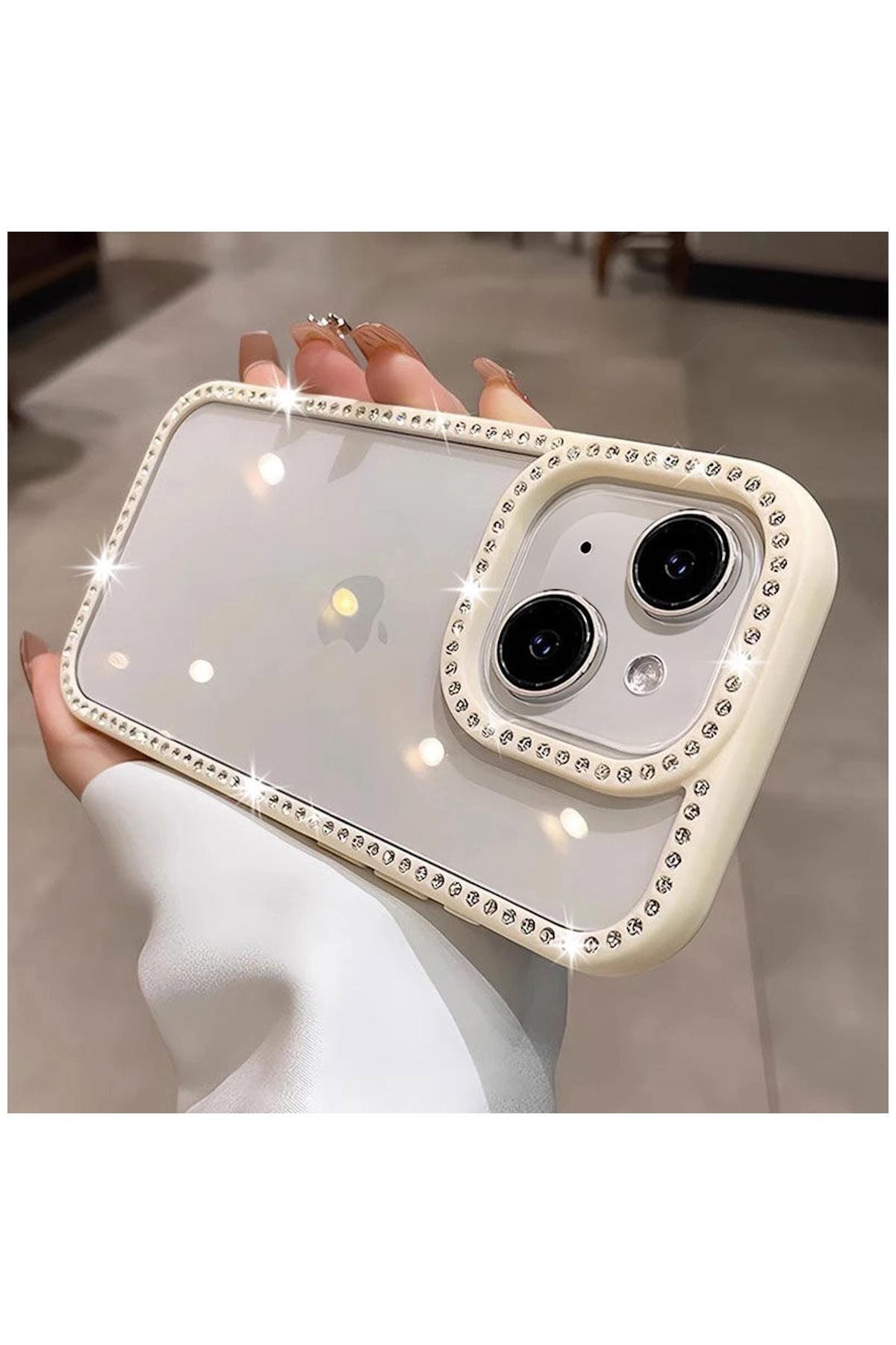 Apple iPhone 13 Uyumlu Kılıf Zebana Bling Diamond Silikon Kılıf Beyaz