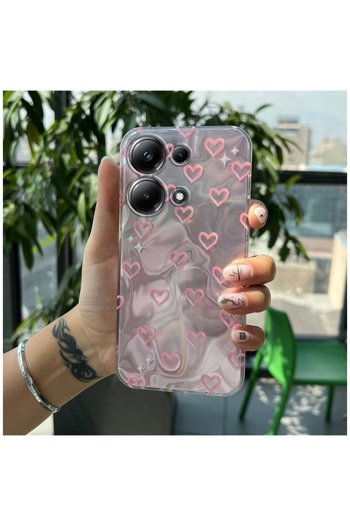 Xiaomi Redmi Note 13 4G Uyumlu Kılıf Zebana Pink Heart Silikon Kılıf