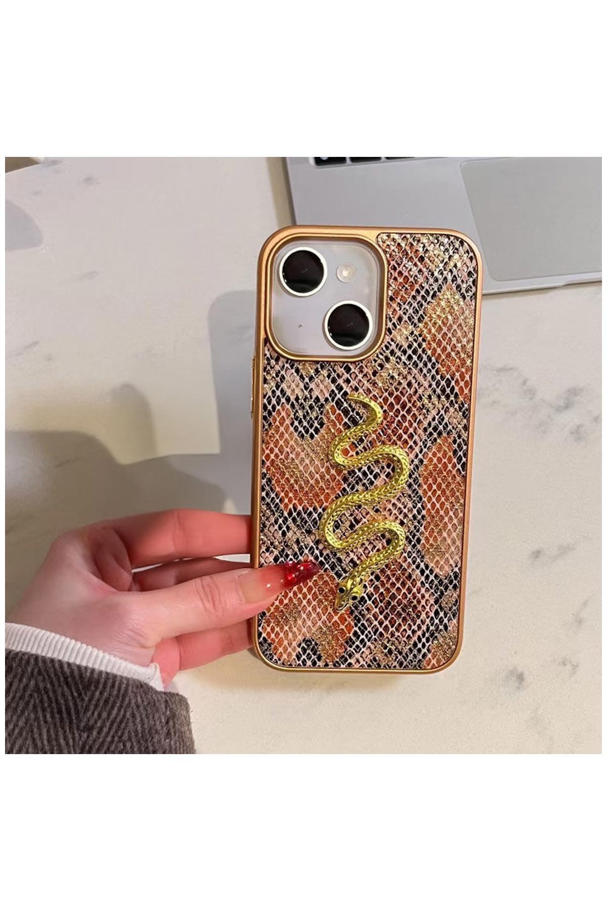 Apple iPhone 13 Uyumlu Kılıf Zebana Golden Serpent Silikon Kılıf Turuncu