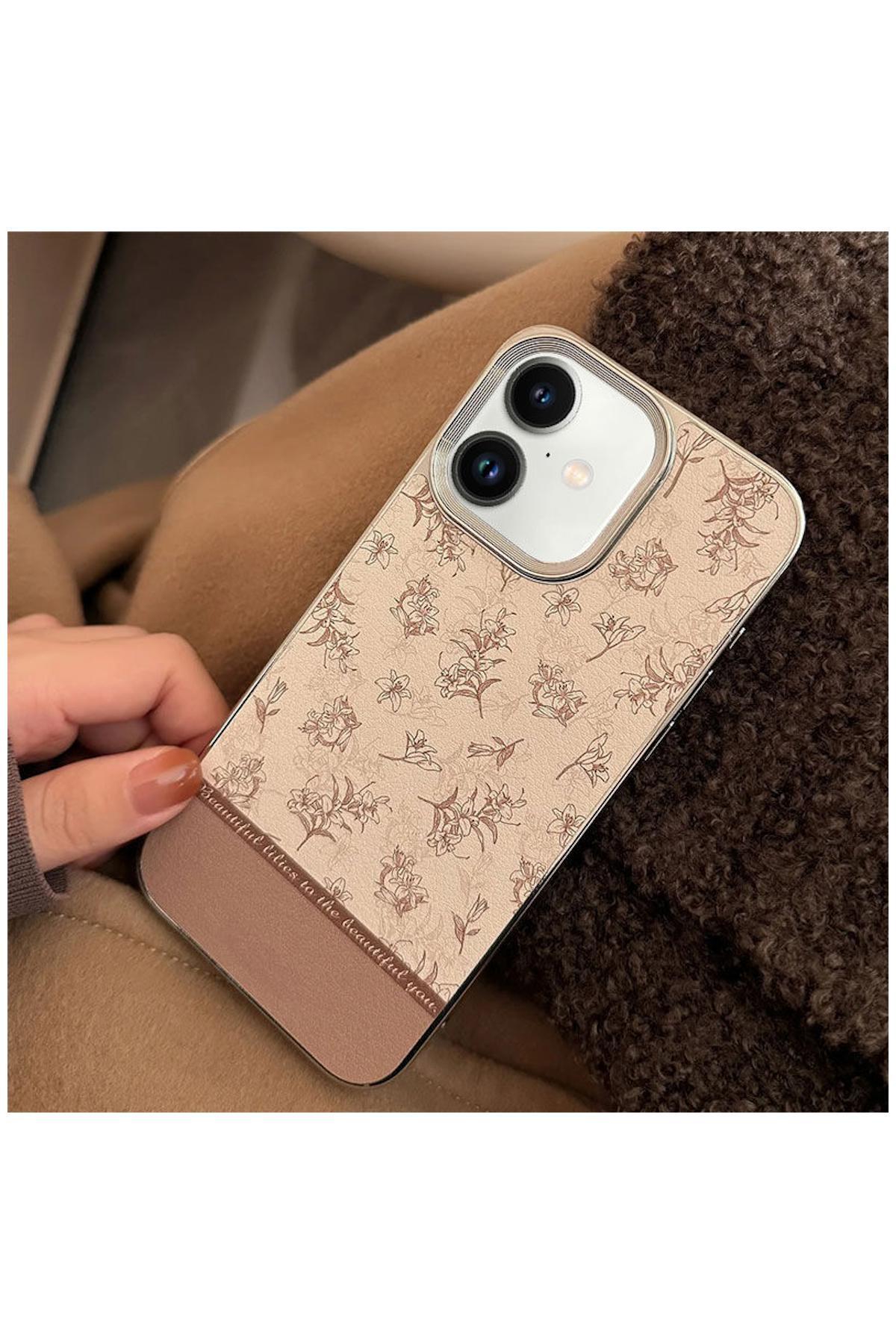 Apple iPhone 16 Uyumlu Kılıf Zebana Lily Flowers Silikon Kılıf Açık Kahverengi