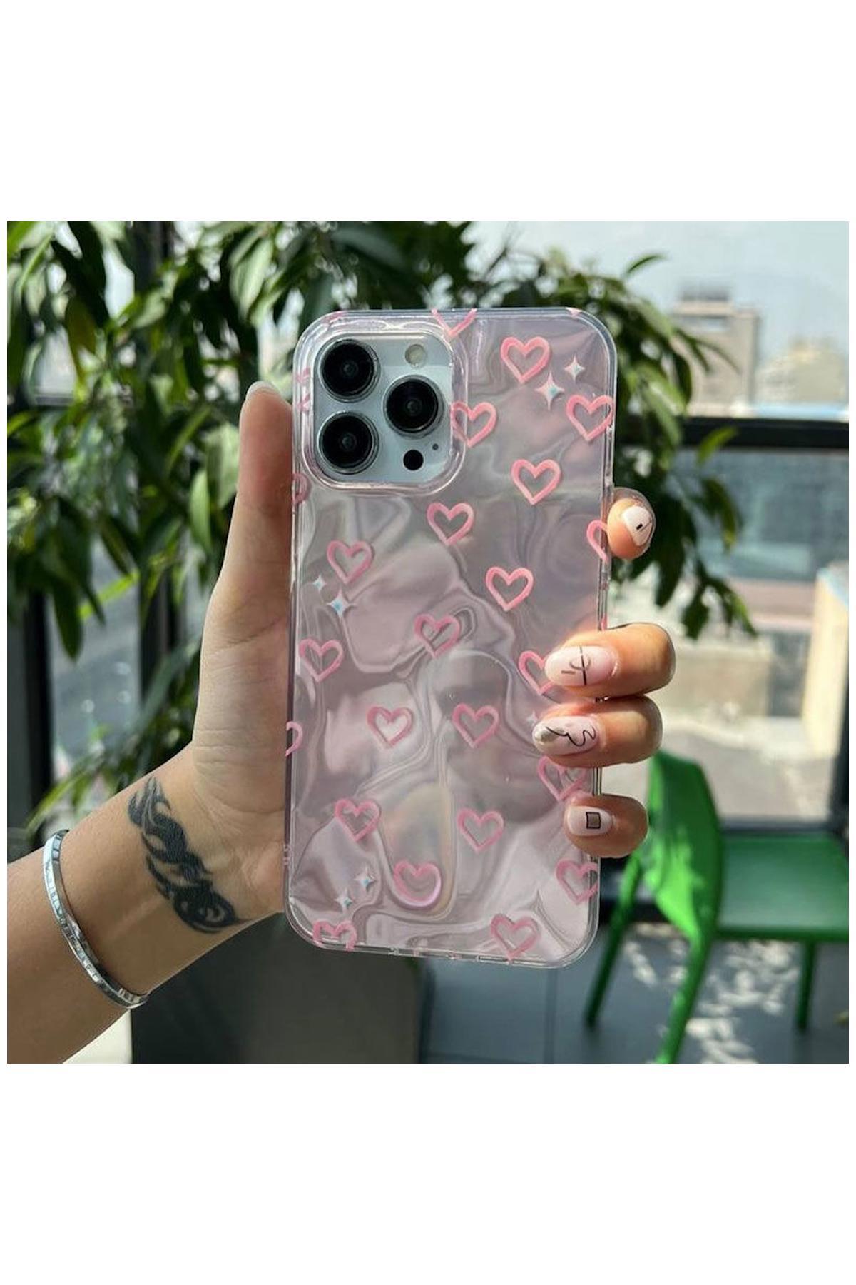 Apple iPhone 14 Pro Max Uyumlu Kılıf Zebana Pink Heart Silikon Kılıf Pembe