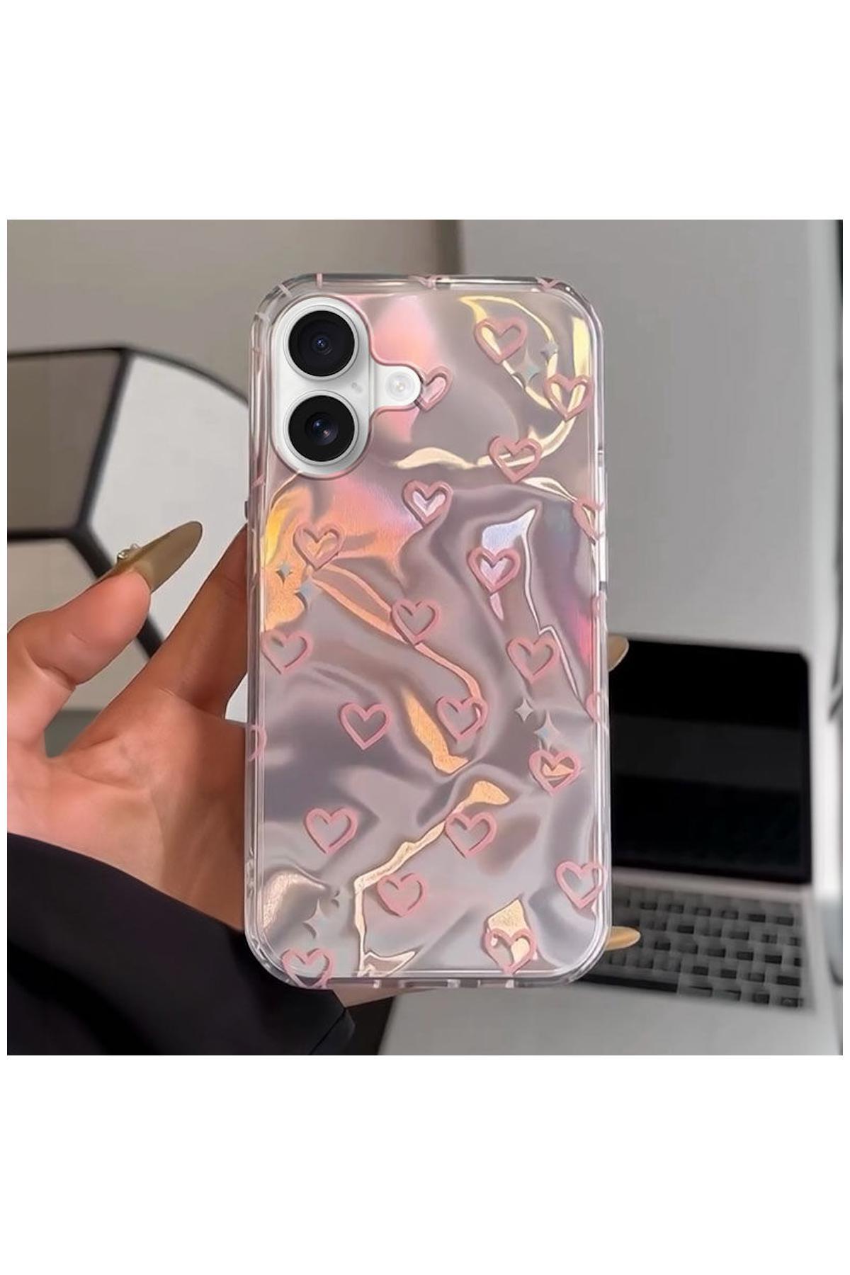 Apple iPhone 16 Plus Uyumlu Kılıf Zebana Pink Heart Silikon Kılıf Pembe
