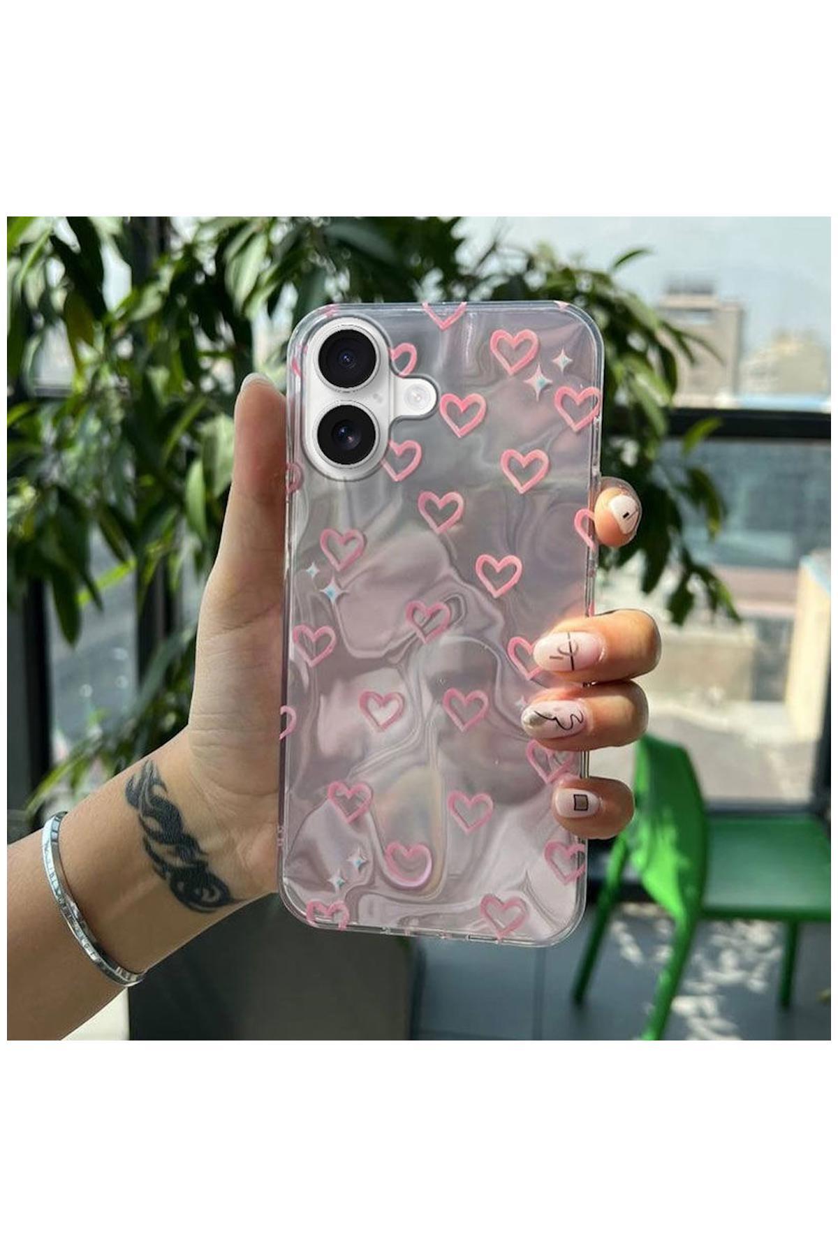 Apple iPhone 16 Plus Uyumlu Kılıf Zebana Pink Heart Silikon Kılıf Pembe