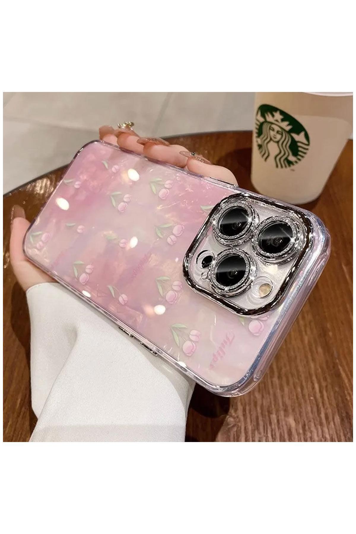 Apple iPhone 16 Pro Max Uyumlu Kılıf Zebana Tulip Flower Silikon Kılıf Pembe