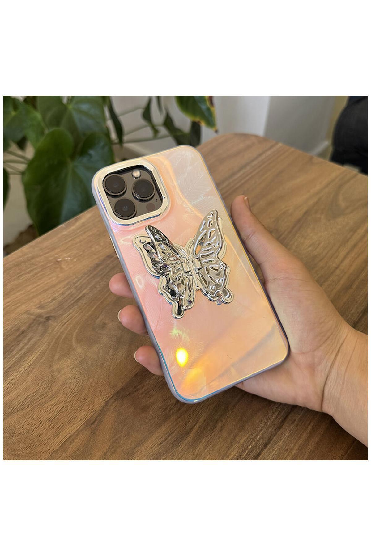 Apple iPhone 11 Uyumlu Kılıf Zebana Standlı Kelebek Silikon Kılıf Desen 1