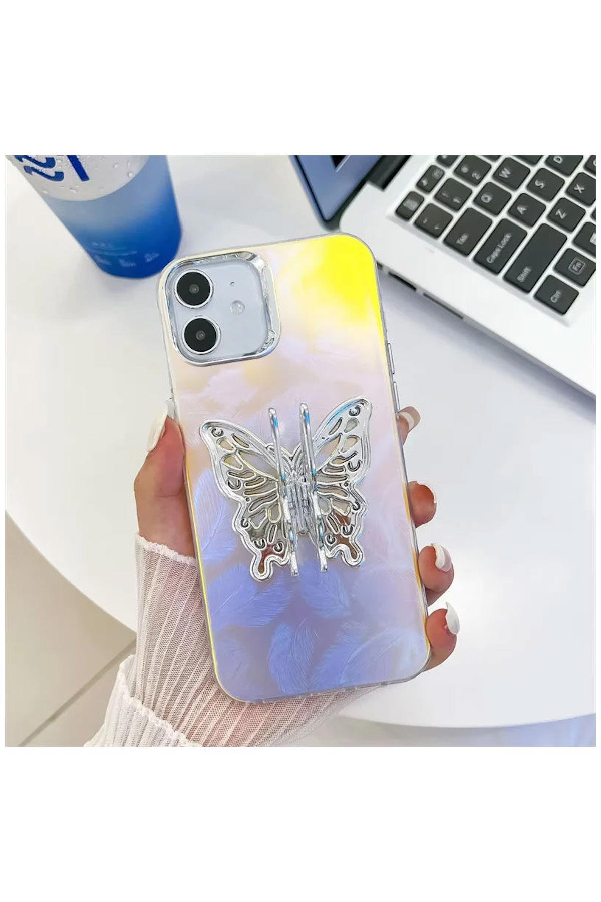 Apple iPhone 11 Uyumlu Kılıf Zebana Standlı Kelebek Silikon Kılıf Desen 2