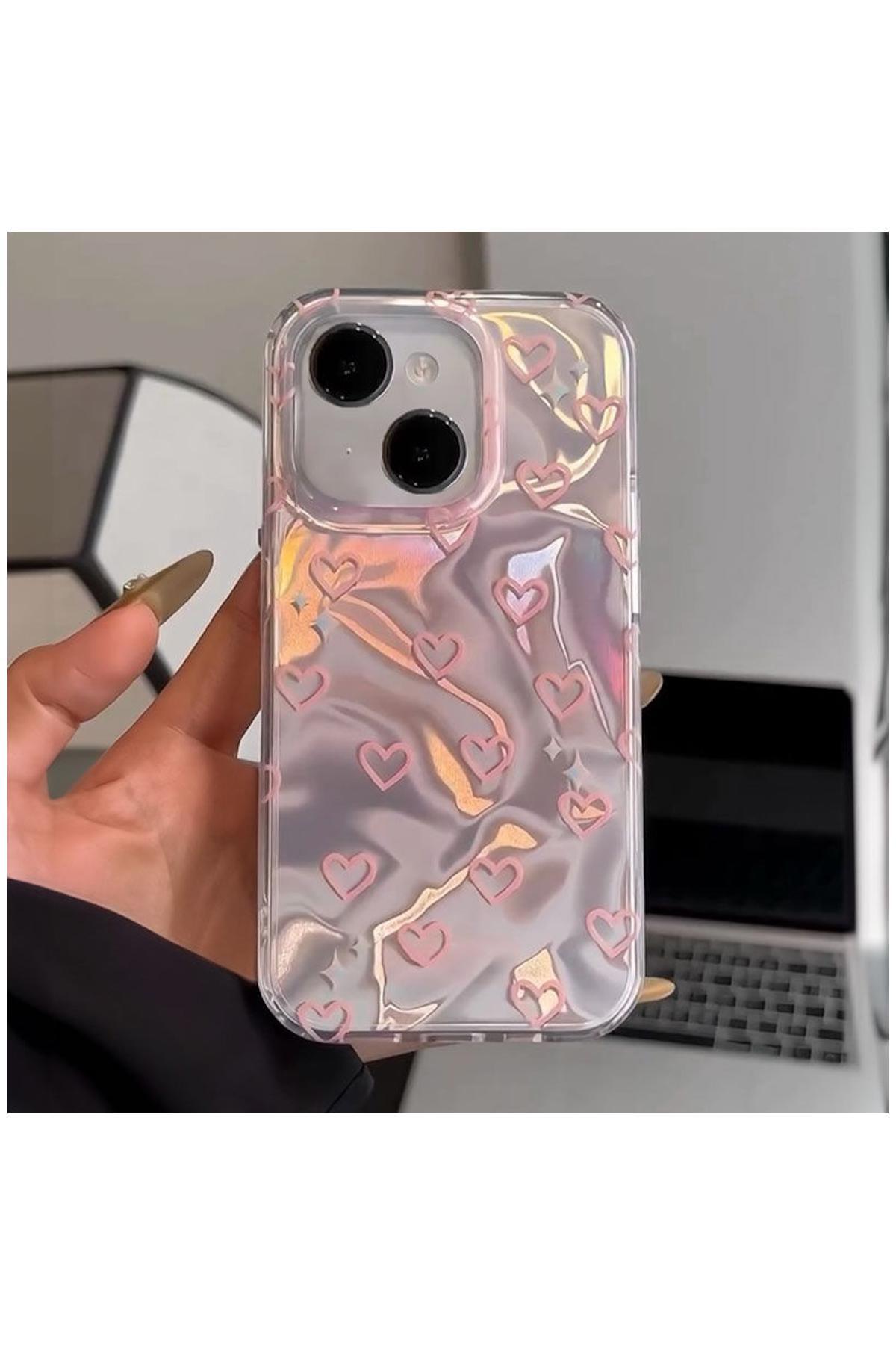 Apple iPhone 14 Plus Uyumlu Kılıf Zebana Pink Heart Silikon Kılıf Pembe