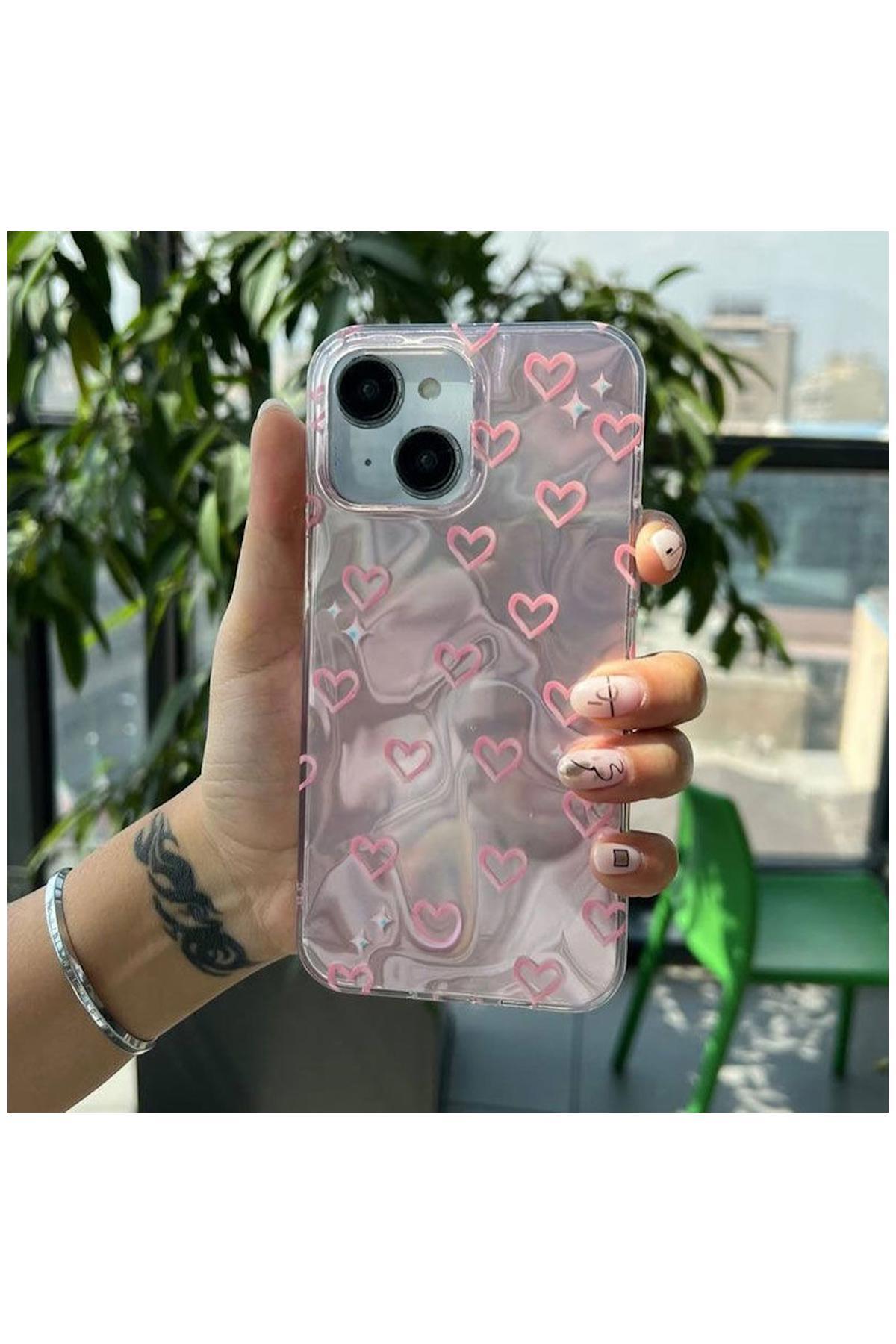 Apple iPhone 14 Plus Uyumlu Kılıf Zebana Pink Heart Silikon Kılıf Pembe