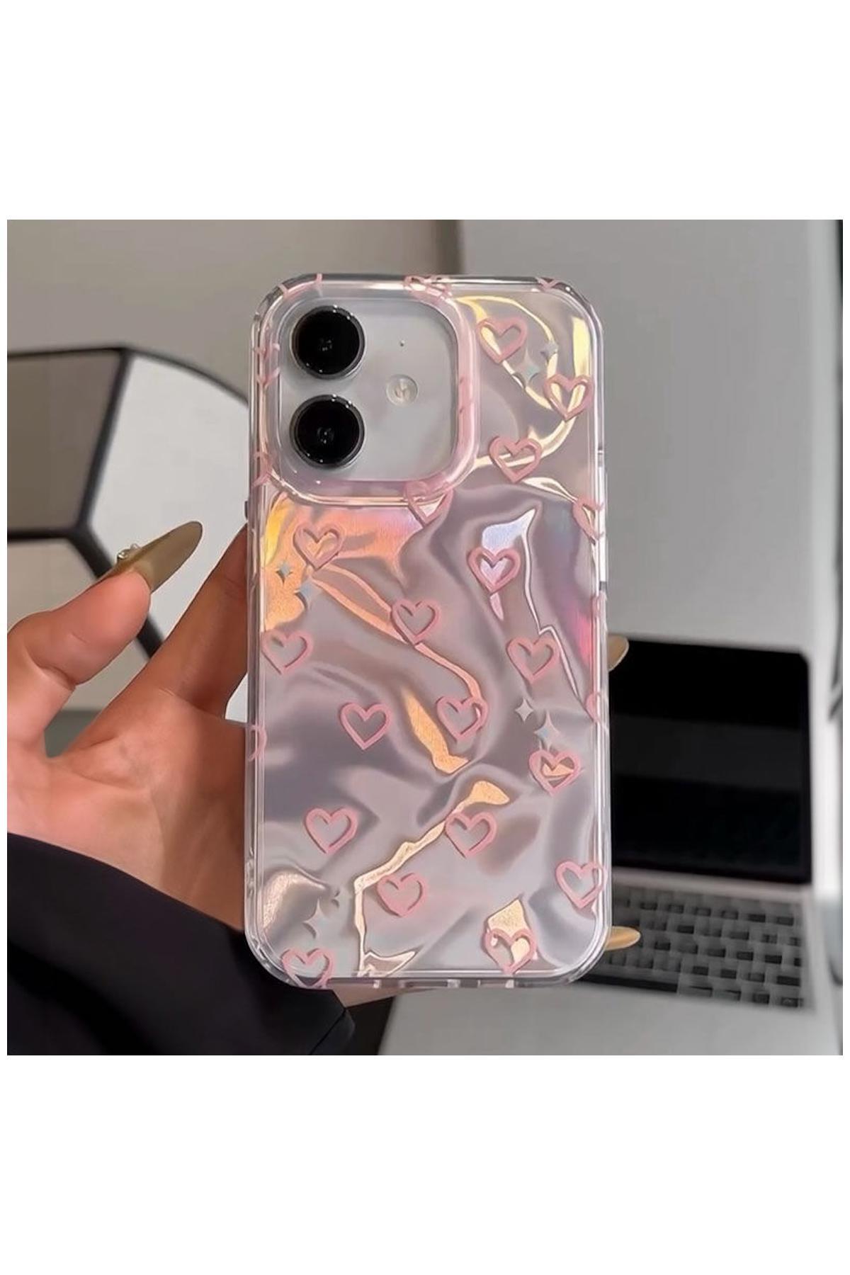 Apple iPhone 11 Uyumlu Kılıf Zebana Pink Heart Silikon Kılıf Pembe