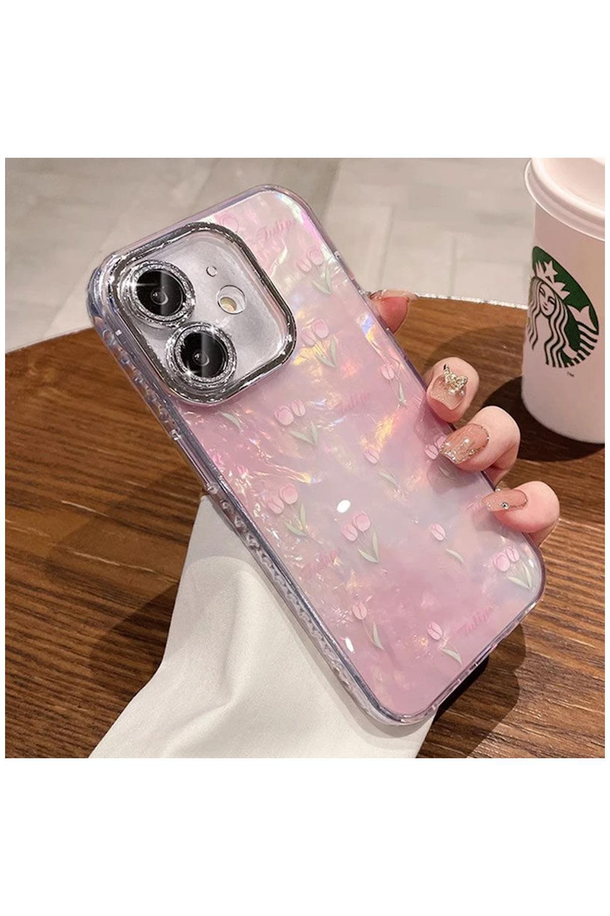 Apple iPhone 11 Uyumlu Kılıf Zebana Tulip Flower Silikon Kılıf Pembe