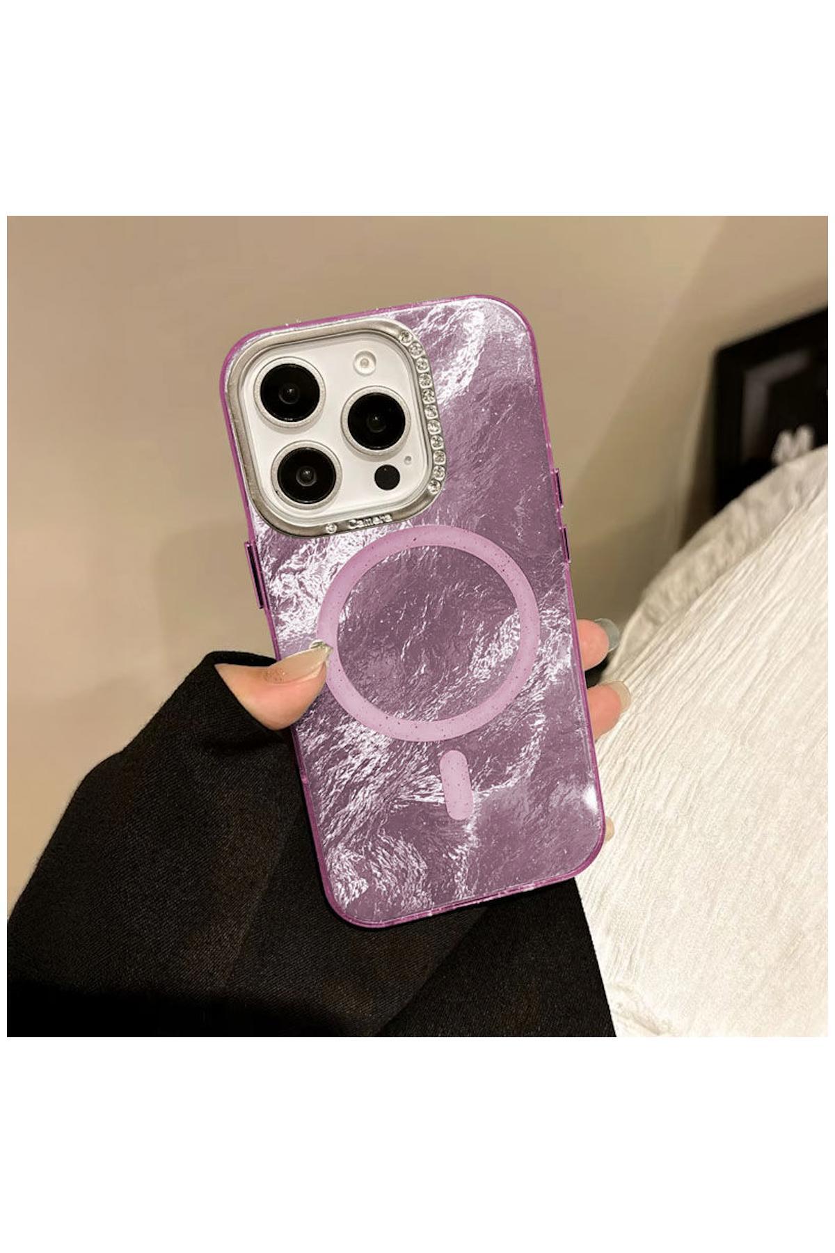 Apple iPhone 13 Pro Max Uyumlu Kılıf Glow Taşlı Silikon Kılıf Lila