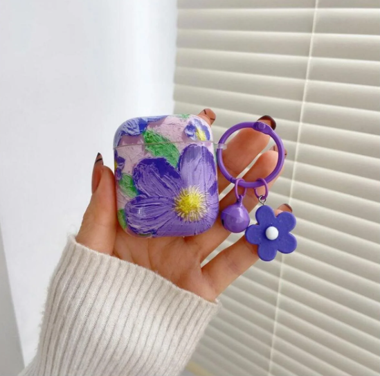 Zebana ZB-AP6 Airpods 1/2 Çiçek Desenli Şeffaf Silikon Kılıf (Aksesuar Dahil) Mor