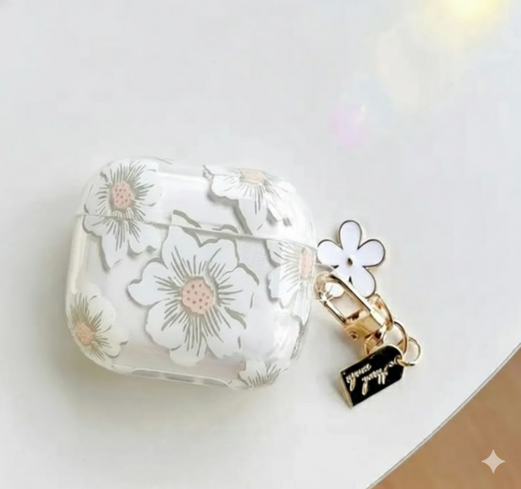 Zebana ZB-AP6 Airpods Pro 2 Çiçek Desenli Şeffaf Silikon Kılıf (Aksesuar Dahil) Beyaz