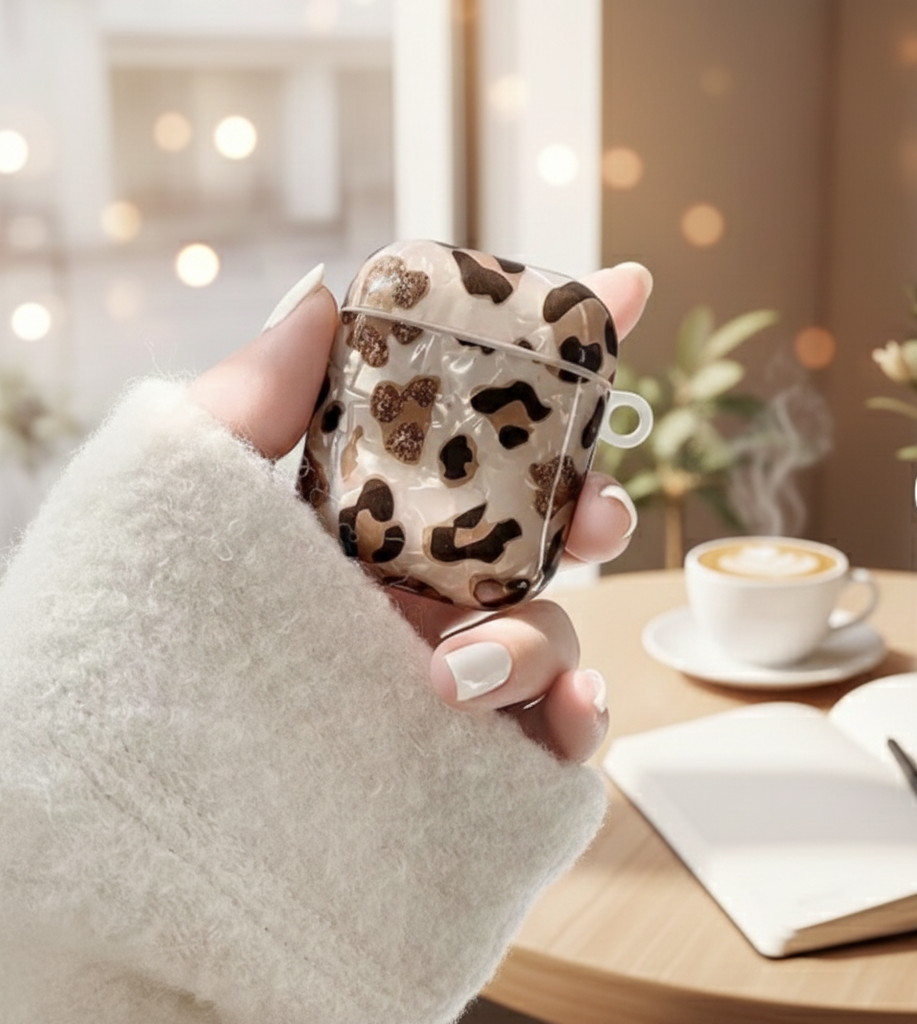 Zebana ZB-AP1 Airpods1/2 Leopar Desenli Şeffaf Silikon Kılıfı (Charm Aksesuar Dahil) Kahverengi