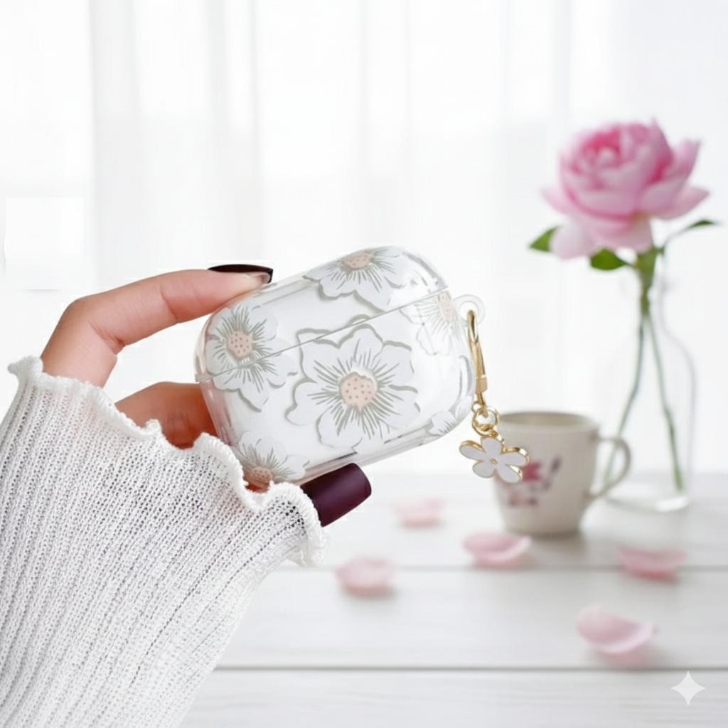 Zebana ZB-AP6 Airpods Pro 2 Çiçek Desenli Şeffaf Silikon Kılıf (Aksesuar Dahil) Beyaz