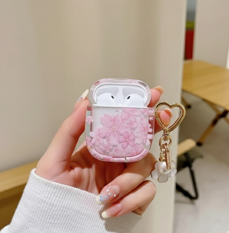 Zebana ZB-AP6 Airpods 1/2 Çiçek Desenli Şeffaf Silikon Kılıf (Aksesuar Dahil) Pembe