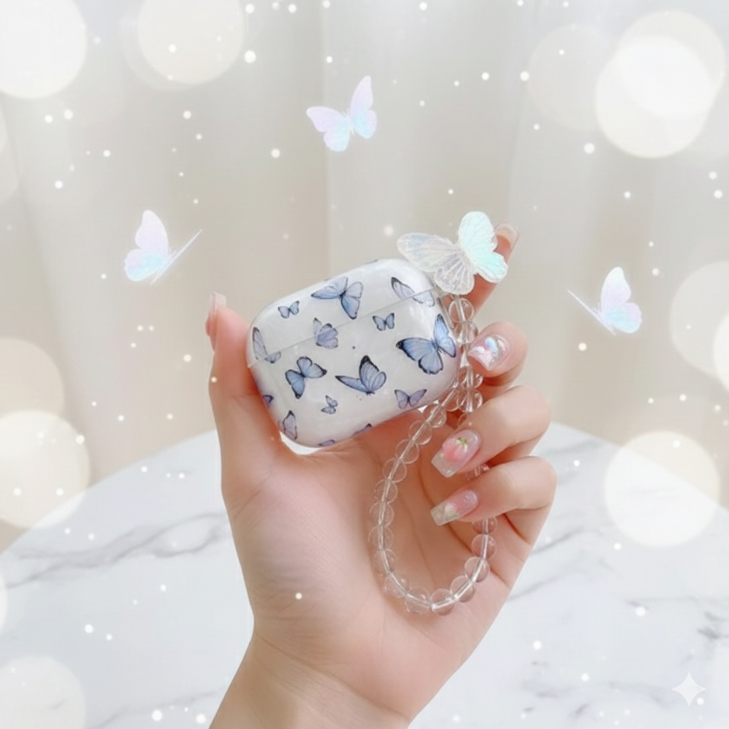 Zebana ZB-AP7 Airpods 4. Nesil Kelebek Desenli Şeffaf Silikon Kılıf (Bileklik ve Aksesuar Dahil)